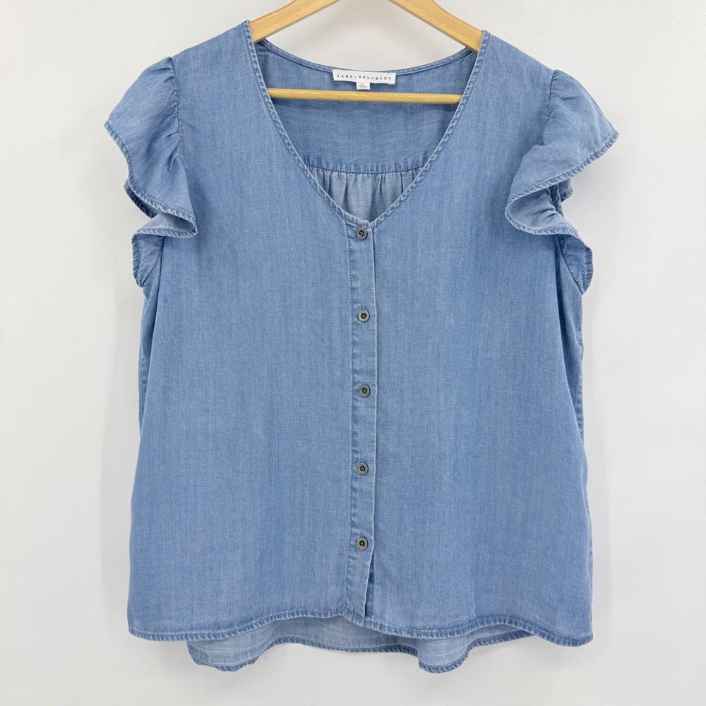 Jane + Delancey Blouse Womens Large Blue Lyocell Ruffle Cap Sleeve Button Front